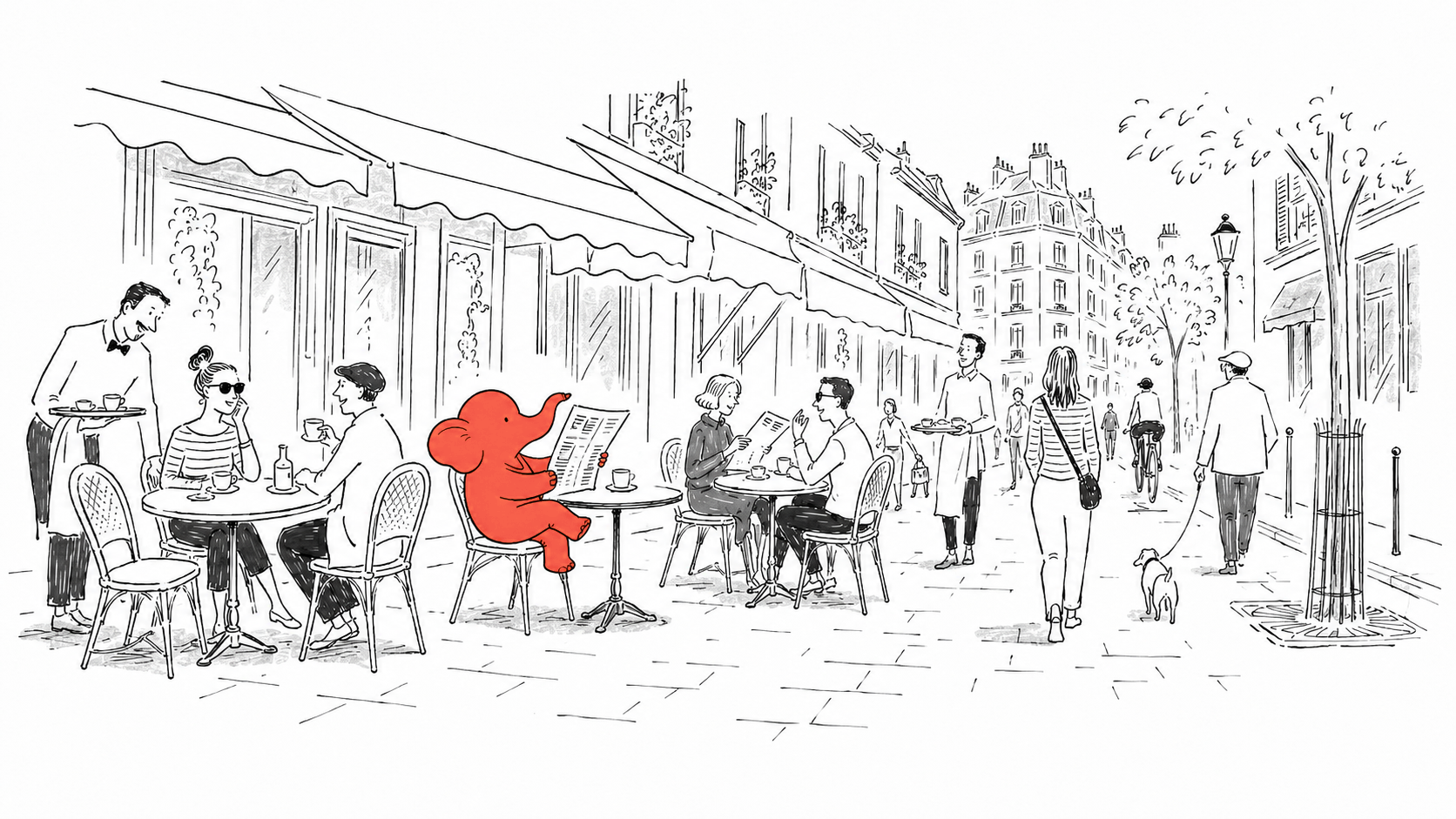 The elephant reading at a Paris café, the only colored figure on a busy street