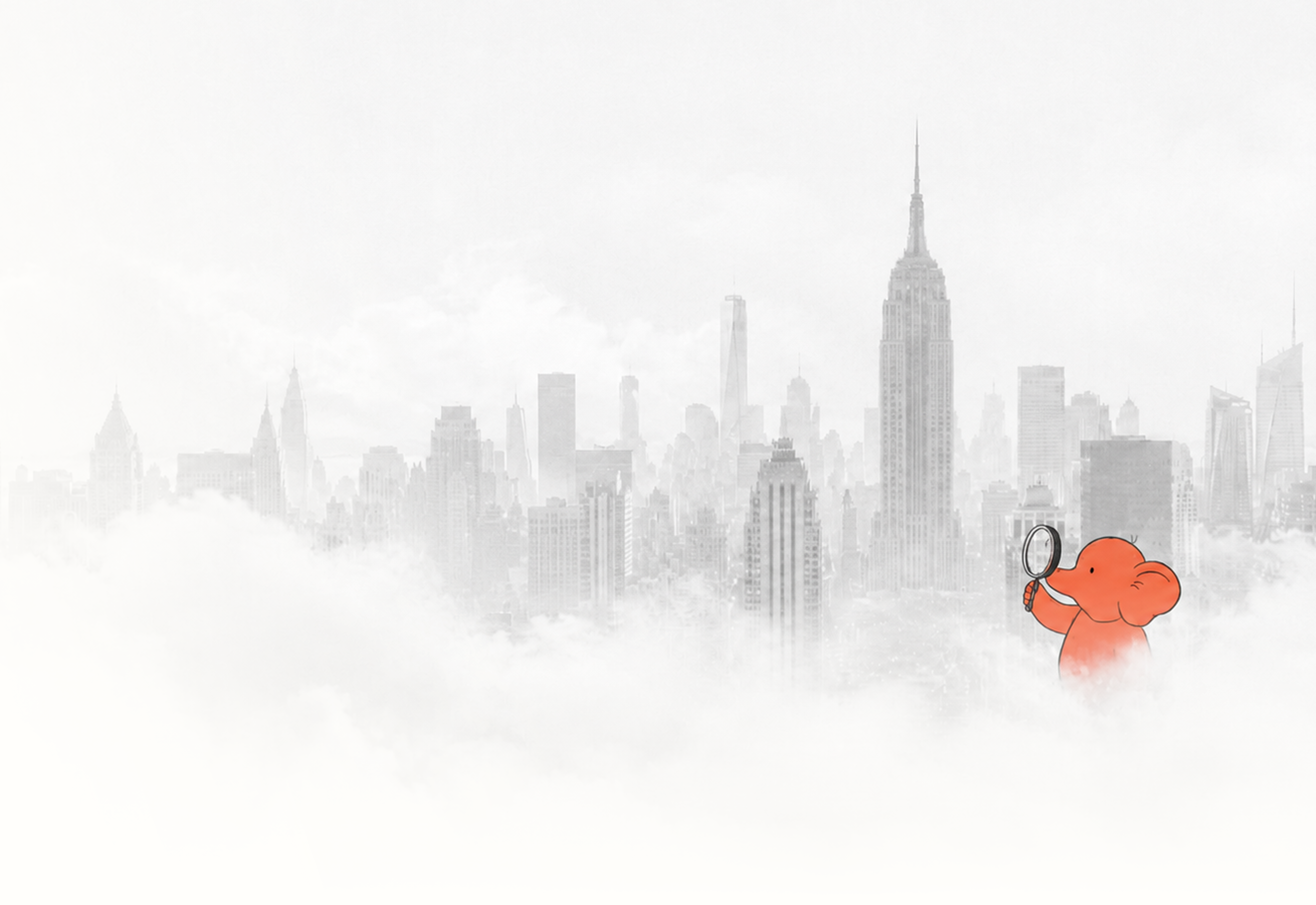 The elephant with a magnifying glass above the skyline