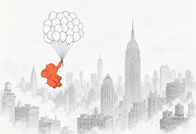 The elephant floating on balloons above the skyline