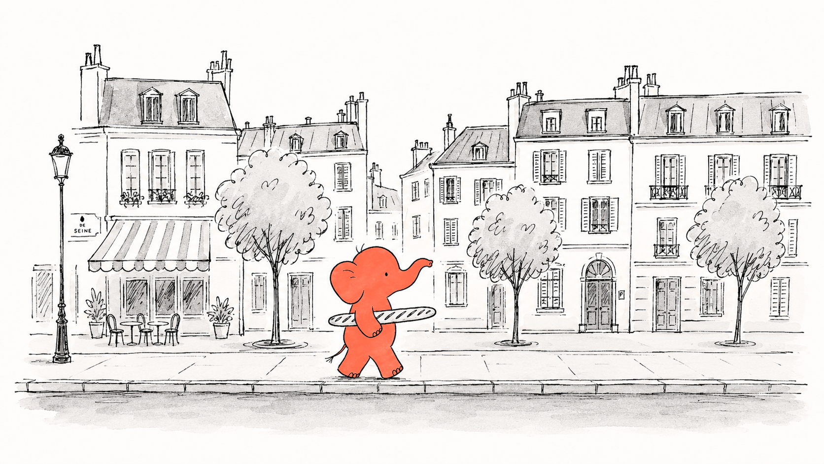 The elephant playing with a hoop on a Paris street of shuttered townhouses