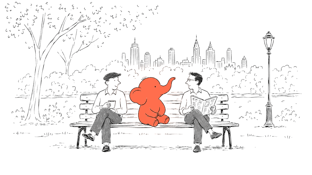 The elephant sitting on a park bench between two men, one reading a newspaper, city skyline behind