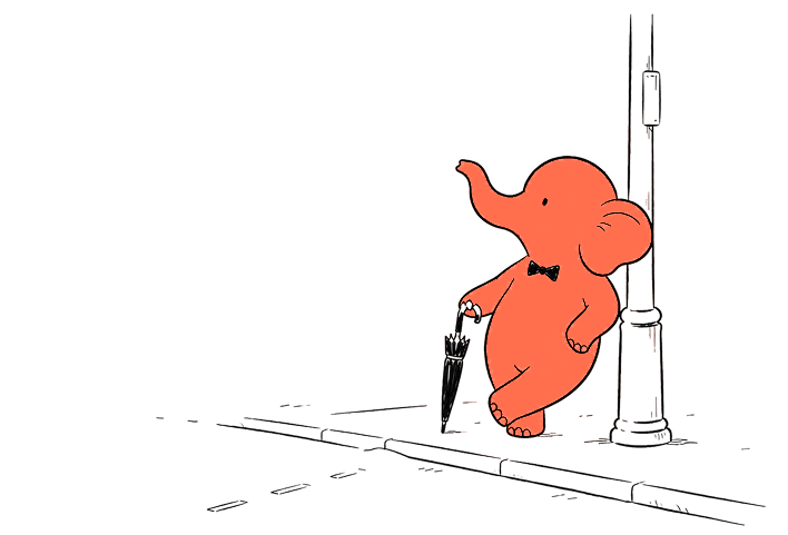 The elephant leaning against a street lamppost with a closed umbrella, wearing a bow tie